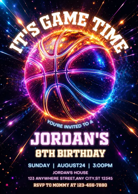 Electric Neon Basketball Printable Birthday Invitation