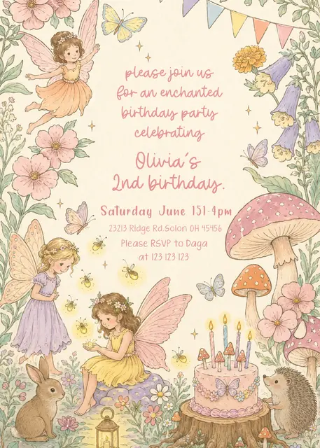 Storybook Woodland Fairy Printable Birthday Invitation