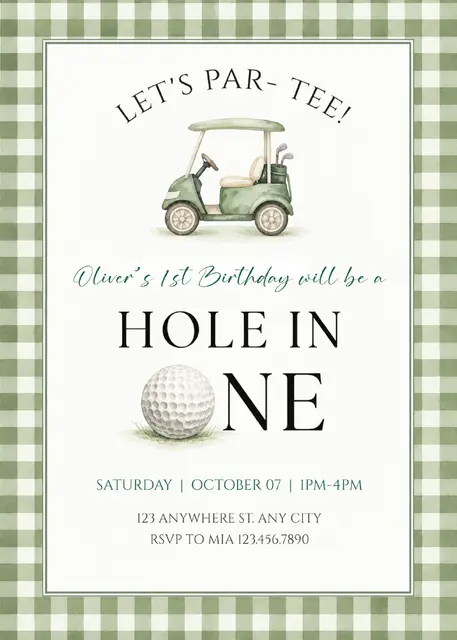 Sage Gingham Golf Cart Hole in One Printable First Birthday Invitation