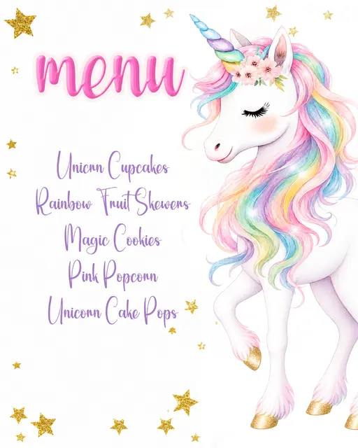 Pastel Rainbow Unicorn Printable Party Menu Design