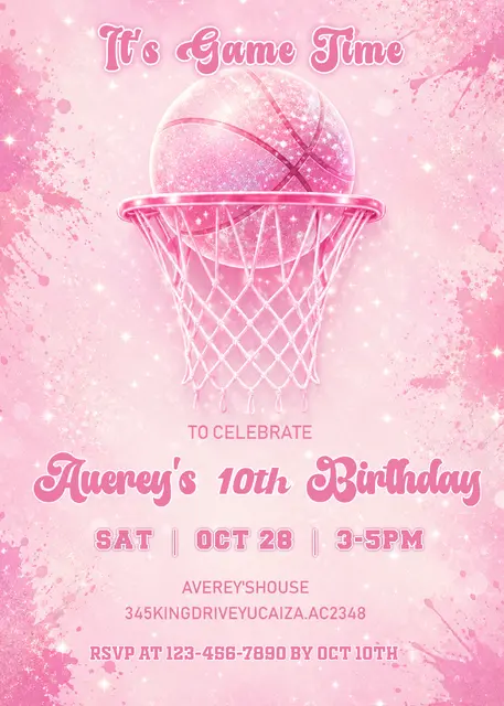 Pink Sparkle Basketball Printable Birthday Invitation