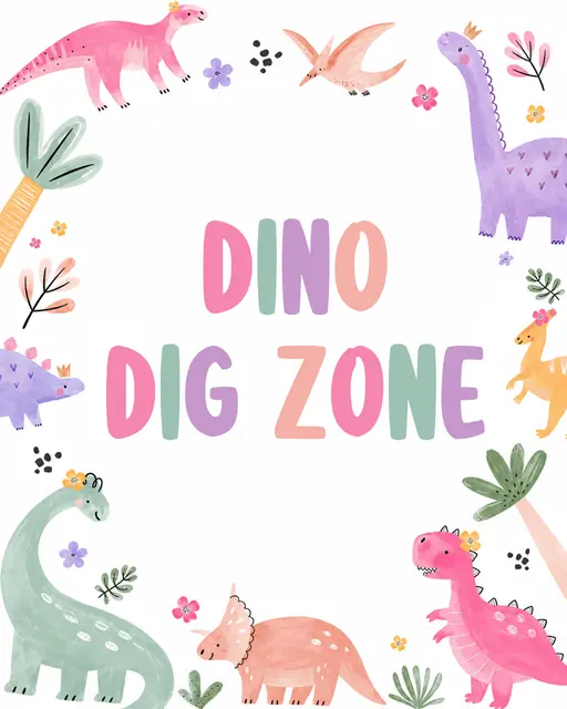 Pastel Dinosaur Dino Dig Zone Printable Activity Sign