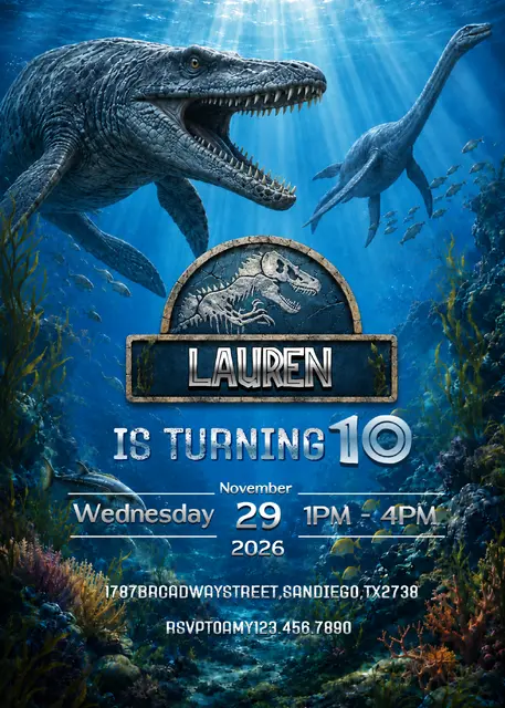 Prehistoric Ocean Mosasaurus Printable Birthday Invitation