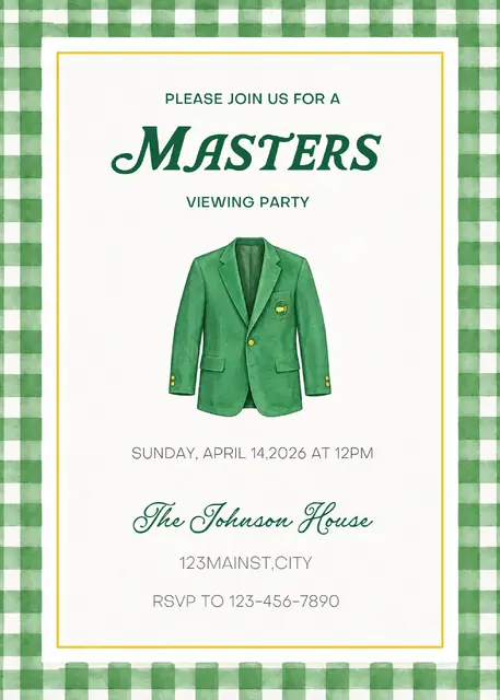 Green Gingham Jacket Printable Masters Viewing Party Invitation