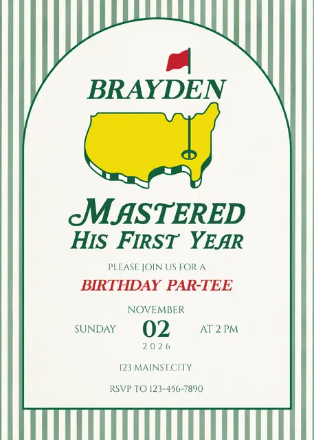 Green Striped Mastered First Year Printable Golf Birthday Invitation