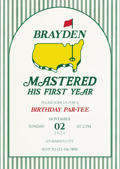 Green Striped Mastered First Year Printable Golf Birthday Invitation