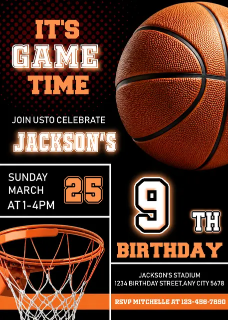 Black and Orange Basketball Printable Birthday Invitation