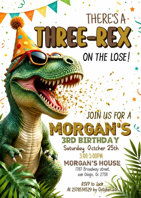 Party Hat T-Rex Three-Rex Printable Birthday Invitation