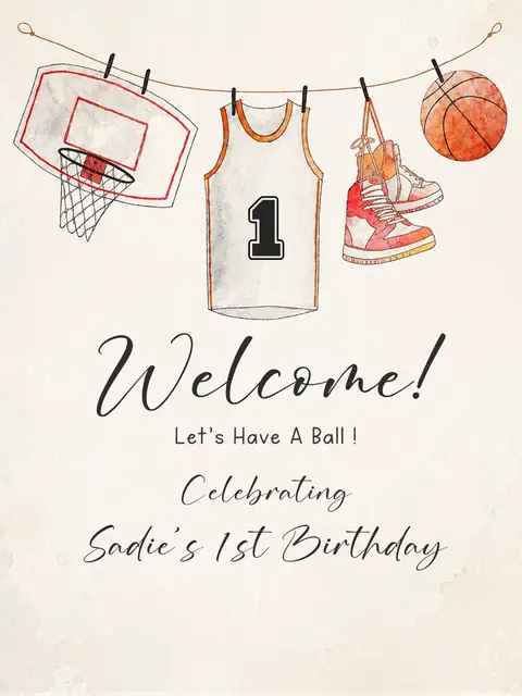 Watercolor Basketball Printable First Birthday Welcome Sign