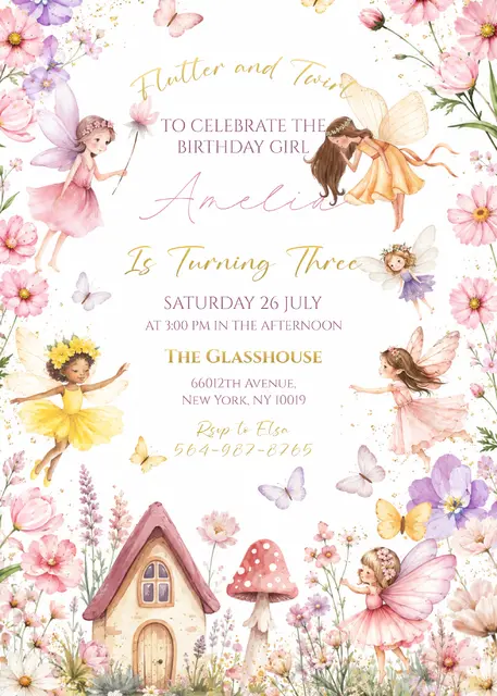 Pastel Fairy Cottage Printable Third Birthday Invitation