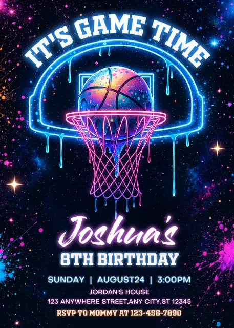 Neon Drip Basketball Hoop Printable Birthday Invitation
