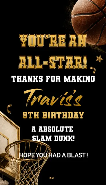 Black and Gold Basketball All-Star Printable Thank You Card